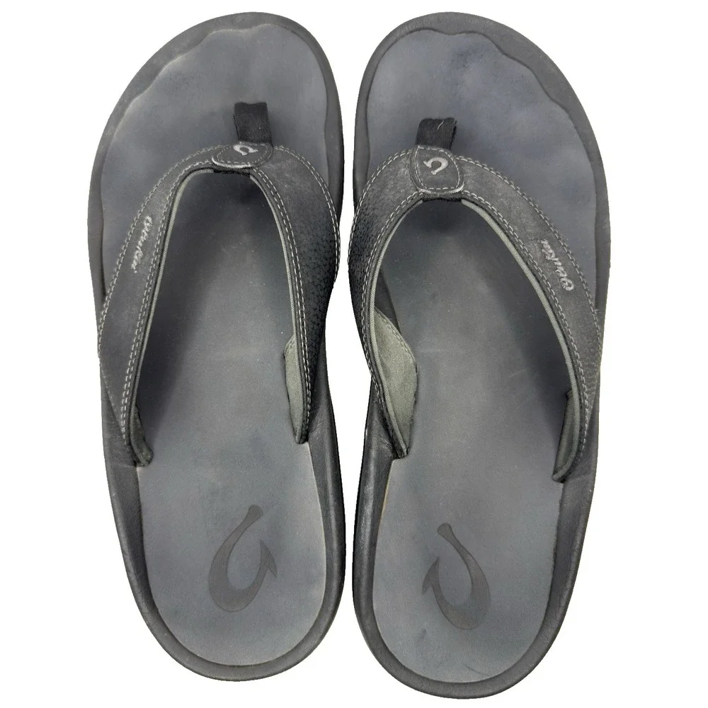 OluKai Ohana Sandals Mens 13 Black Comfort Beach Flip Flops